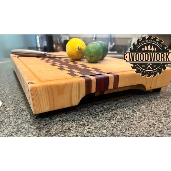 Handmade Wood Cutting Board With Checkerboard Inlay Design - Picture 2 of 10